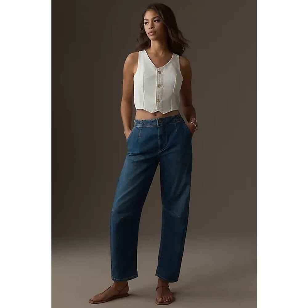 Pilcro By Anthroplogie The Leni Denim Jeans Mid-Rise Barrel Tapered Leg Blue 28T